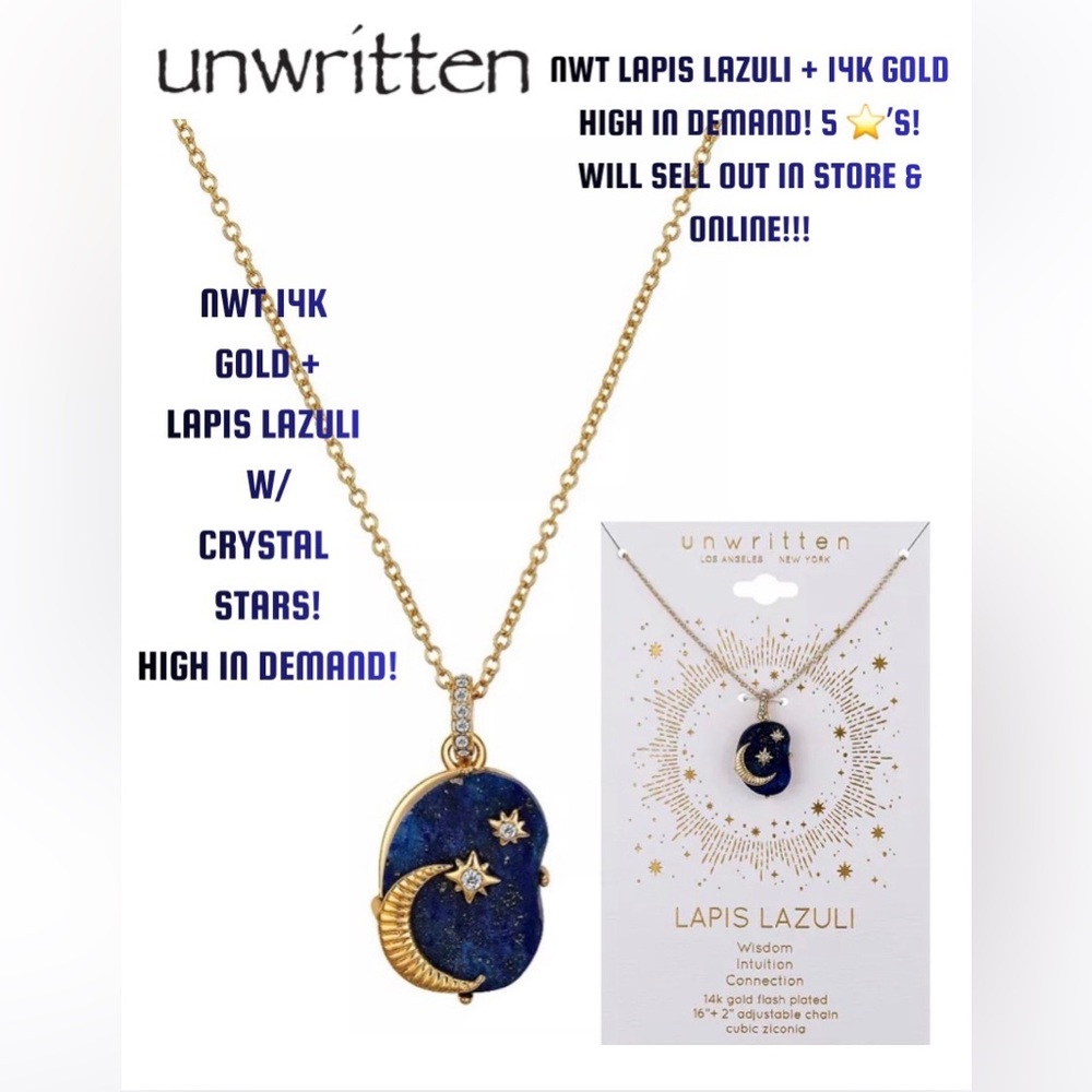 NWT UNWRTTEN 14K GOLD LAPIS LAZULI NECKLACE W/ CRYSTAL STARS & GOLD MOON!